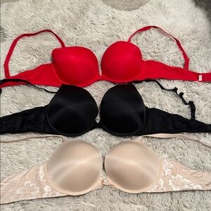 Victoria's Secret Red, Black, and Cream Bra Trio